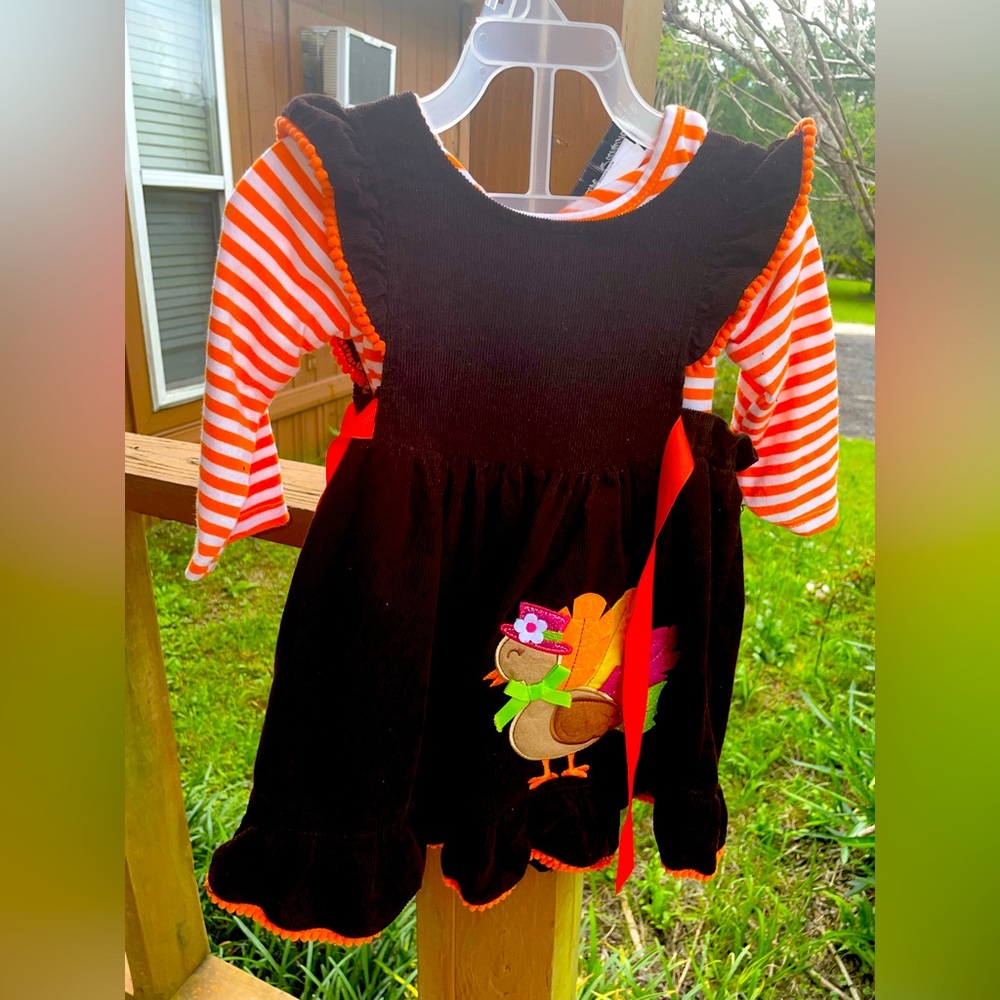 Turkey 2 piece toddler dress size 2t dark brown and orange Thanksgiving cute